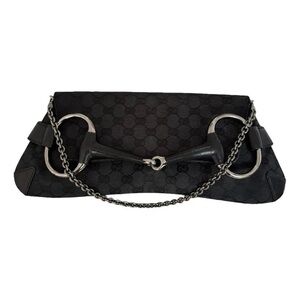 Gucci Horsebit Chain Black GG Canvas and Leather Shoulder Bag Clutch w/Dust Bag